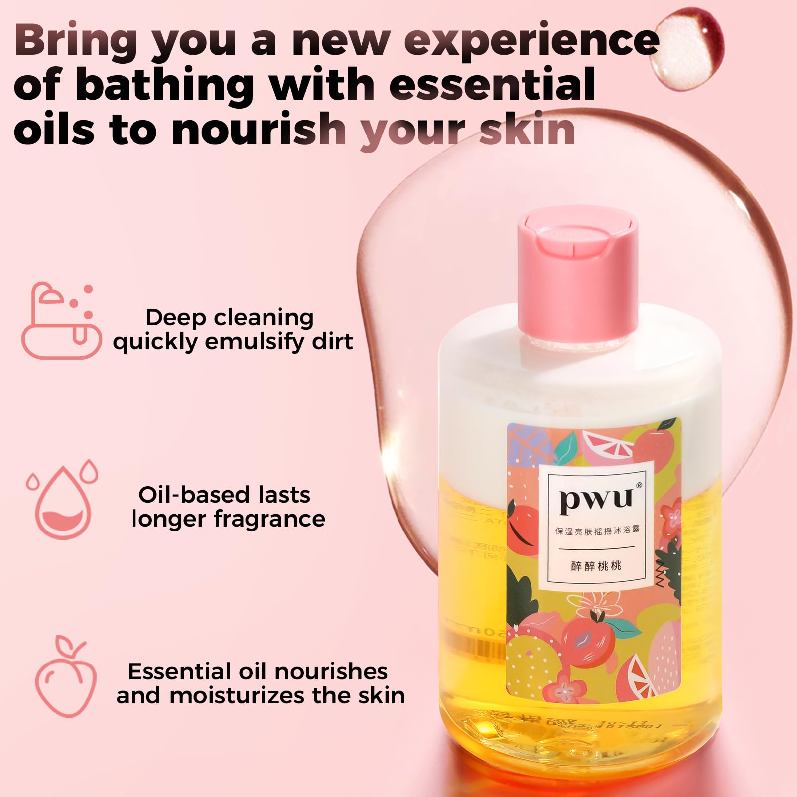 PWU Body Wash & Shower Gel, Peach Scented, Moisturize Body Wash, Skin Deep Cleansing for Men & Women (11.8 Fl Oz)